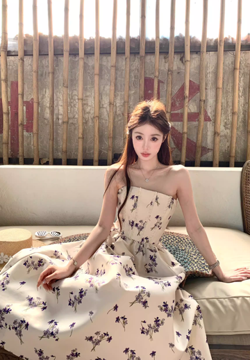 Purple Print Floral A Line Strapless Satin Long Prom Dress Party Dress Birthday Dress HZ1023